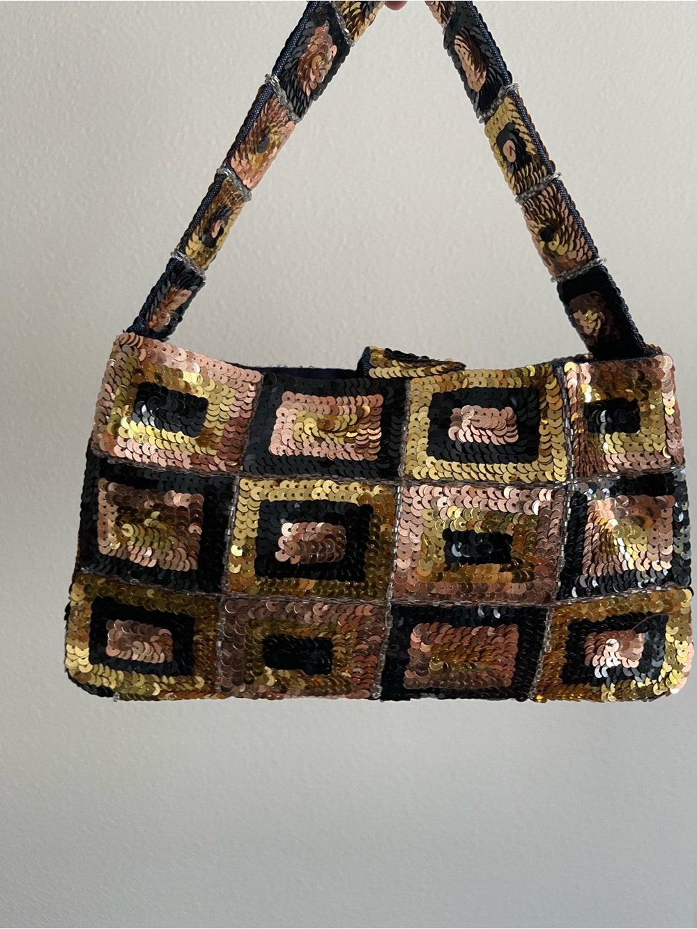 Sequined Rectangular Shoulder Bag in Gold & Black - Picture 2 of 6